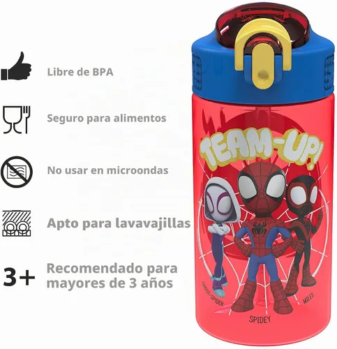 Vista 6 de Zak Designs Marvel Spider Man - Botella de agua para niños con cubierta de boquilla y aro de transporte, hecha de plástico duradero, diseño
