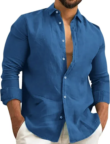 Vista 6 de Camisa de algodón y lino para hombre, manga larga, cuello liso, con botones, camiseta casual para playa y verano AG