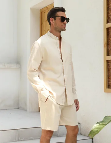 Vista 3 de RPOVIG Conjuntos de lino para hombre, conjuntos de verano de 2 piezas, ropa de vacaciones en la playa, camisas casuales de manga larga, pantalones