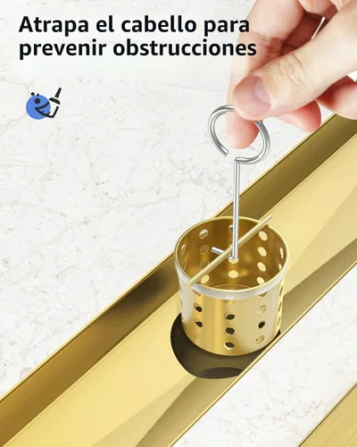 Vista 4 de YEFU Drenaje de ducha lineal dorado para baño: drenaje de ducha de 12 pulgadas con rejilla de inserción de azulejos - Drenaje lineal rectangular
