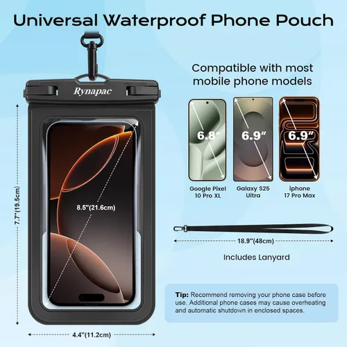 Vista 5 de Rynapac Funda impermeable para teléfono [hasta 8.5 pulgadas], paquete de 2, funda impermeable IPX8 con cordón para iPhone 17, 16, 15 Pro Max