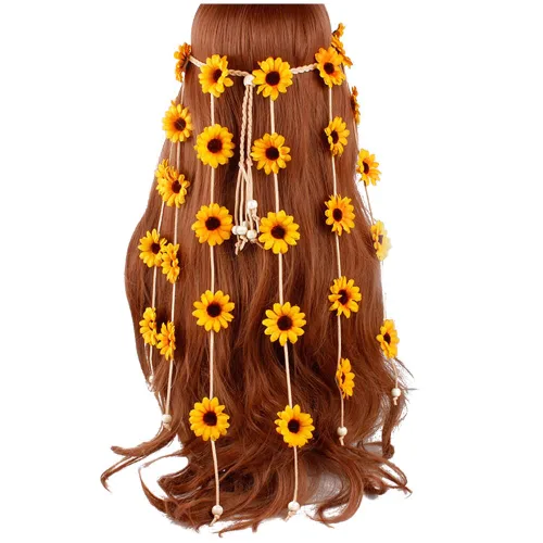 Vista 11 de WLBON Diadema de girasol de Halloween, hippie bohemio, margarita, diadema, corona, corona floral, diadema para mujer, boda, vacaciones, festival