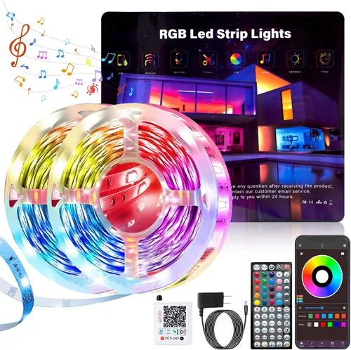 Vista 8 de NBBUFF Luces LED para dormitorio de 50 pies, tira de luces LED RGB con sincronización de música, tira de luz LED que cambia de color con control