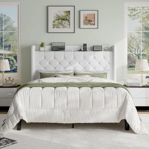 Vista 16 de SHA CERLIN Base de cama de plataforma de tamaño matrimonial con estación de carga, cabecera de lino con estante de almacenamiento, soporte