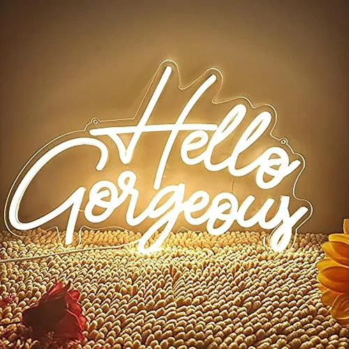 Vista 15 de Letrero de neón LED con texto en inglés «Hello Gorgeous LED», luz nocturna de neón para pared, fiesta de cumpleaños, boda, bar, club, decoración