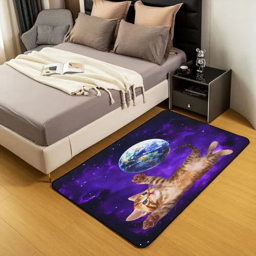 Vista 5 de Alfombra decorativa de gato de espacio exterior de 3 x 5 pies, diseño de plantas y gatitos, para niños, adolescentes, galaxia, cielo estrellado