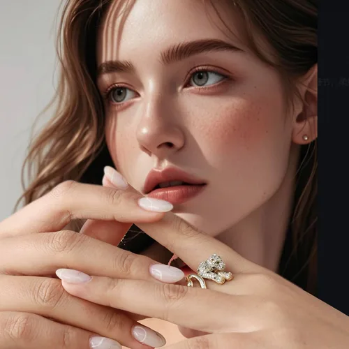 Vista 2 de Anillo de mujer ajustable de 14 quilates con cabeza de leopardo y diamantes de moda, tamaño 6 a 9, Cobre, Zirconia cúbica