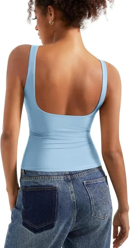 Vista 22 de SUUKSESS Camisetas sin mangas con respaldo abierto y cuello barco acolchado para mujer, con doble forro, camisas básicas Negro (Black Polka Dots)