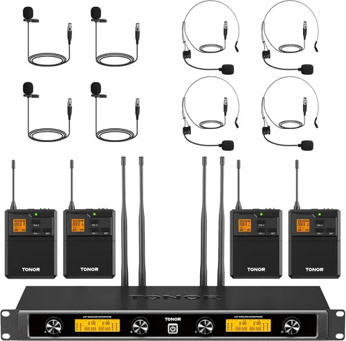 Vista 13 de TONOR Sistema de micrófono inalámbrico UHF con micrófono de auriculares/micrófono de solapa Lavalier, transmisor Bodypack, receptor recargable, 15