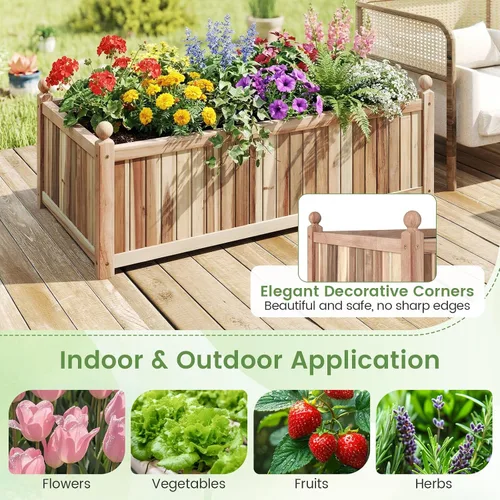 Vista 7 de HAPPYGRILL Cama de jardín elevada de madera, maceta rectangular de madera de acacia natural con forro y drenaje para hierbas de flores vegetales