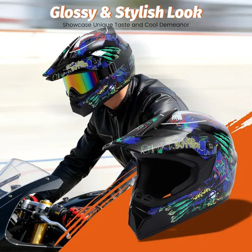 Vista 9 de Guantes para niños, lentes para motociclista y casco para manejar fuera de pista, para niños, para motocross, aprobados por el DOT, para carreras, M