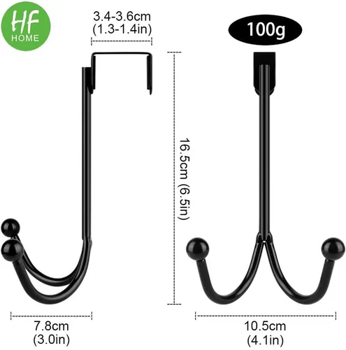 Vista 4 de HFHOME Paquete de 2 ganchos dobles para colgar sobre la puerta, organizador de ganchos dobles de metal para colgar abrigos, sombreros, batas, Negro