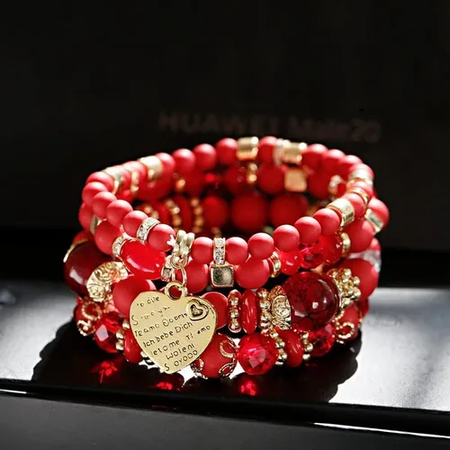Vista 5 de LOLOMATO - Juego de pulseras bohemias de color rosa para mujer estilo étnico cuentas de piedra natural dije de tribu de color dorado pulsera