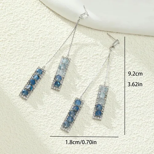 Vista 3 de Pendientes personalizados con colgante geométrico de diamantes de imitación azules para mujer, Zinc, No es una piedra preciosa