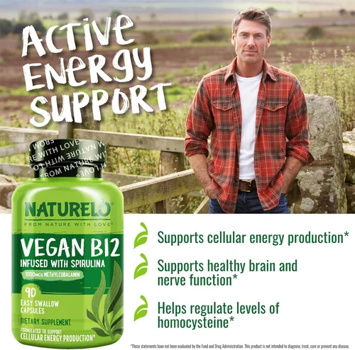 Vista 5 de NATURELO B12 vegano - Metil B12 con espirulina orgánica - Vitamina B12 de alta potencia 1000 mcg metilcobalamina - Apoya el estado de ánimo