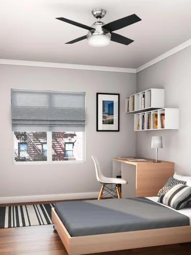 Vista 2 de Hunter Dempsey, ventilador de techo, moderno, silencioso, 44 pulgadas, níquel cepillado con luz LED y control remoto, montaje estándar, 4
