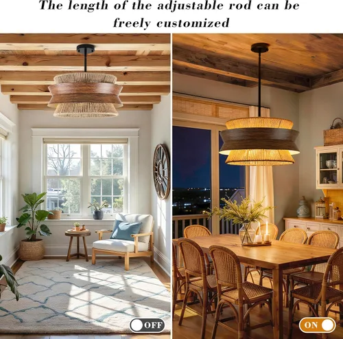 Vista 5 de Lámpara de araña de ratán tejida a mano de 19.7 pulgadas para comedor, lámpara bohemia de granja de 4 luces con textura de madera, lámpara colgante