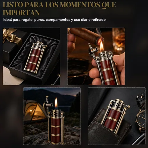 Vista 8 de Encendedor de queroseno vintage con rueda de pedernal con funda de palisandro, latón antiguo a prueba de viento, encendedor de gasolina fresca