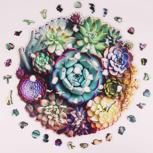 Vista 31 de Mys Aurora Rompecabezas de madera de cactus para adultos, 200 piezas Flor de cactus