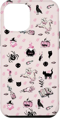 Vista 25 de iPhone 16 Vintage Halloween Case Pumpkins Ghosts Witch Skulls Pink Case
