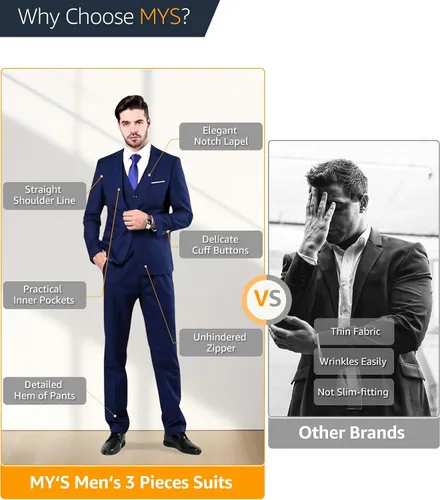 Vista 5 de MY'S - Conjunto de traje ajustado de 3 piezas con chaqueta con un botón, chaleco, corbata y pantalones
