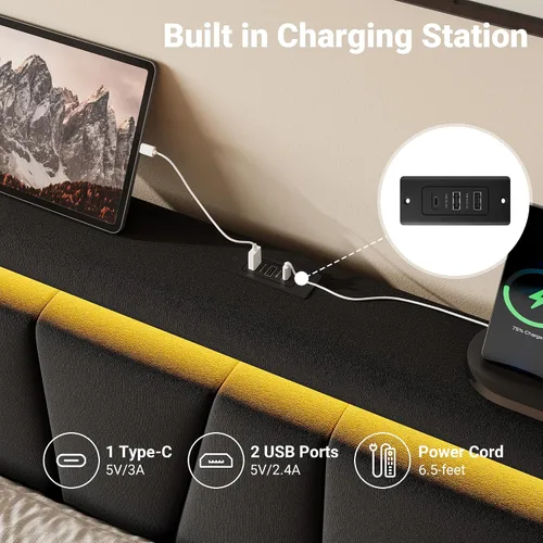 Vista 4 de Allewie Base de cama LED tamaño King con estación de carga, cama de plataforma tapizada en terciopelo con cabecera geométrica tipo wingback, marco