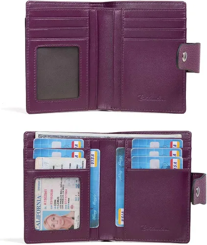 Vista 2 de BOSTANTEN - Billetera de cuero para mujer con bloqueo RFID, pequeña, con cremallera, de bolsillo, para tarjetas, con ventana para documento