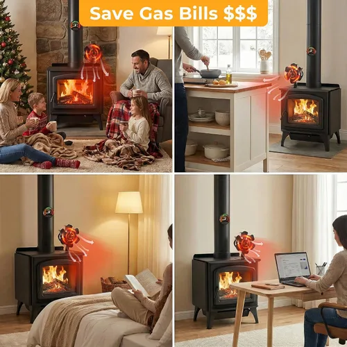 Vista 6 de XTIMES Ventilador de estufa de leña oscilante, ventilador de chimenea con termómetro magnético, ventilador termoeléctrico para estufa