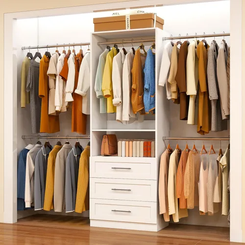 Vista 8 de Sistema de armario con 2 juegos, sistema organizador de armario de 4 pies a 15 pies con 6 cajones de madera, sistema de almacenamiento de armario