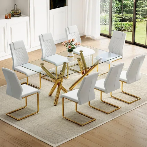 Vista 21 de Juego de mesa de comedor de cristal para 6, 71 pulgadas juego de mesa de comedor moderno para 6 7 Piece Dining Table Set, 6 White Dining Chairs