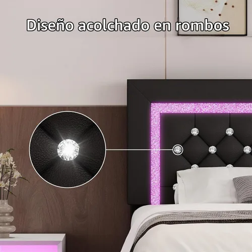 Vista 5 de BarnFurin Marco de cama Twin con luces LED, cama de plataforma tapizada con cabecera capitonada de diamante, no necesita somier, sin ruido, fácil