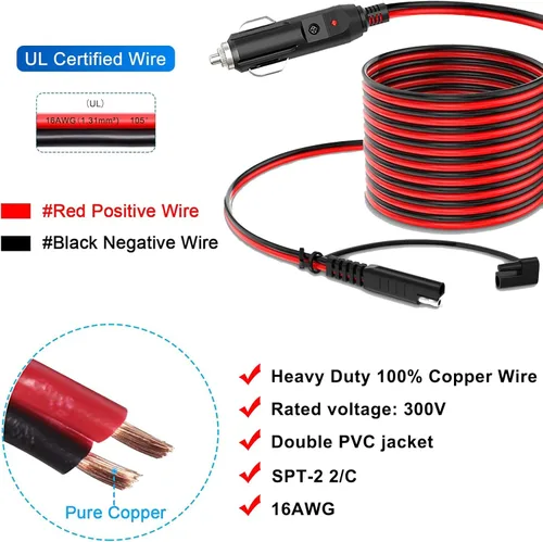 Vista 2 de Conector SAE de 12 V/24 V a enchufe de encendedor de cigarrillos de 12 V, 6 pies, adaptador de enchufe de encendedor de cigarrillos de automóvil