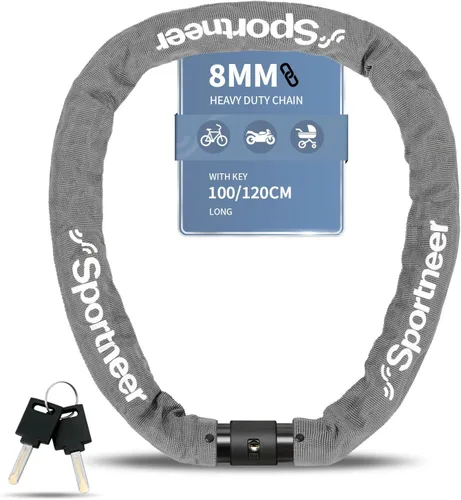 Vista 7 de Sportneer Candado para bicicleta: Candado de cadena de bicicleta de alta seguridad de 8mm de grosor con 2 llaves - 0.97/1.2 metros de largo, candado