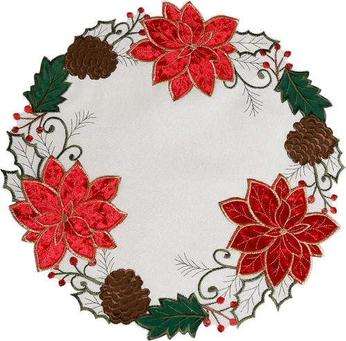 Vista 11 de OWENIE Juego de 4 manteles individuales redondos de flor de pascua de Navidad, bordados, con apliques bordados, manteles individuales de lino