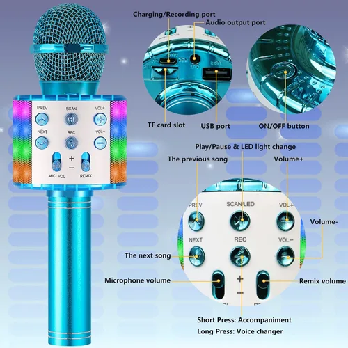 Vista 6 de Micrófono de karaoke para niños, inalámbrico Bluetooth portátil de mano, micrófono de karaoke para cantar, con luces LED, regalo para niñas, niños