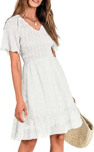 Vista 6 de BTFBM - Vestido de vacaciones en la playa para mujer, cuello en V, manga corta, fruncido, plumetí, casual, con volantes,vestidos cortos