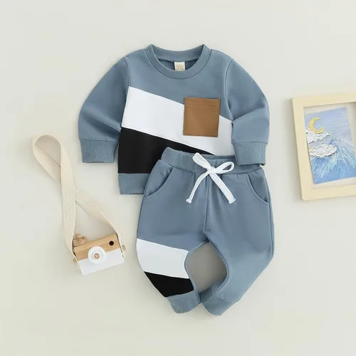Vista 2 de BeQeuewll Ropa para bebé niño de otoño e invierno, 2 piezas, bloque de color, sudadera y pantalones con cuello redondo