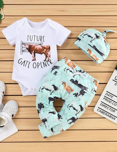 Vista 2 de bilison Conjunto de 3 piezas de ropa de verano para bebé recién nacido con estampado de vaca + pantalones + sombrero