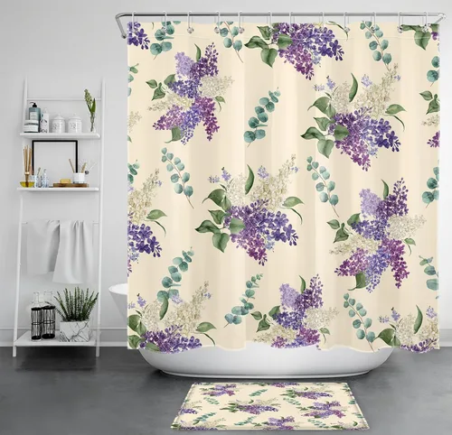 Vista 12 de EOBTAIN Cortina de ducha floral púrpura para baño, flores de acuarela y hojas de eucalipto verde sobre beige, cortina de ducha con 10 ganchos, juego