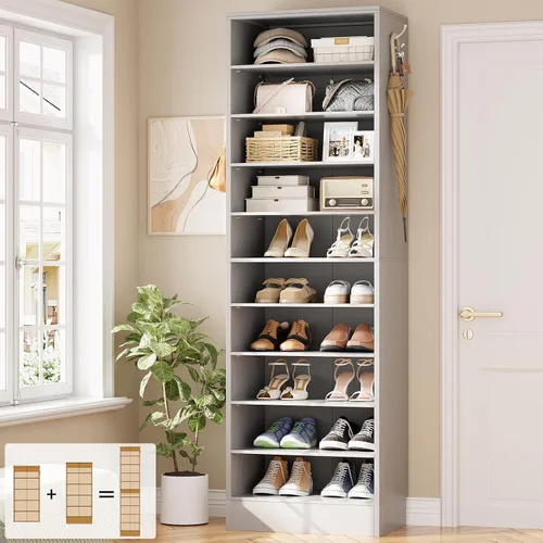 Vista 9 de Aheaplus Armario alto para zapatos, zapatero estrecho de madera de 10 niveles, organizador de almacenamiento de zapatos con almacenamiento abierto