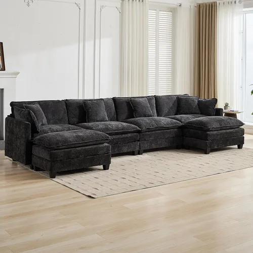 Vista 229 de Sofá seccional modular verde de 111.5", sofás seccionales grandes de 3 plazas para sala de estar, sofá nube oversized de tela chenille con otomana
