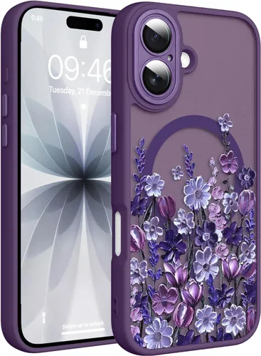 Vista 131 de Magnético para iPhone 13 con protector de pantalla [Compatible con MagSafe] Diseño de patrón floral de flores bonitas, funda delgada a prueba