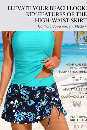 Vista 3 de Tankini with Skirt Tummy Control Ruffle Swimsuit Two Piece Bathing Suit Aqua y azul floral