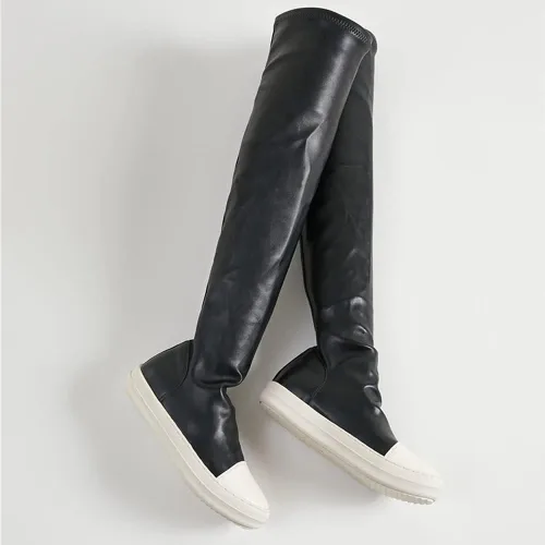 Vista 3 de Kluolandi Botas altas hasta la rodilla para mujer, elásticas, planas, cómodas, hasta la rodilla