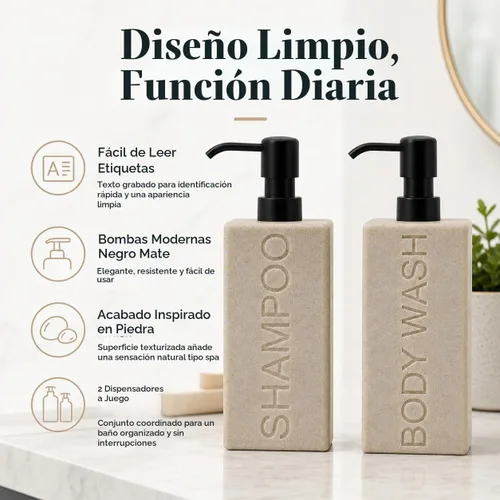 Vista 5 de dispensador rectangular de resina premium para cuarto de baño, para champú, acondicionador, loción corporal, diseño moderno recargable con bomba