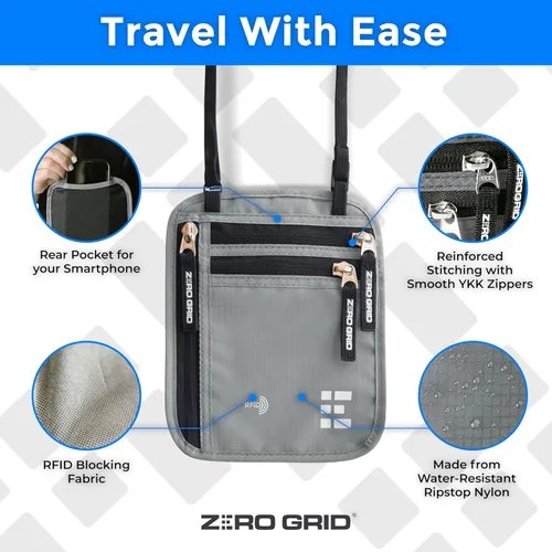Vista 31 de Cartera para el cuello para viajes y pasaporte con bloqueo RFID, delgada y fácil de ocultar, bolsa de viaje de nailon para hombres y mujeres
