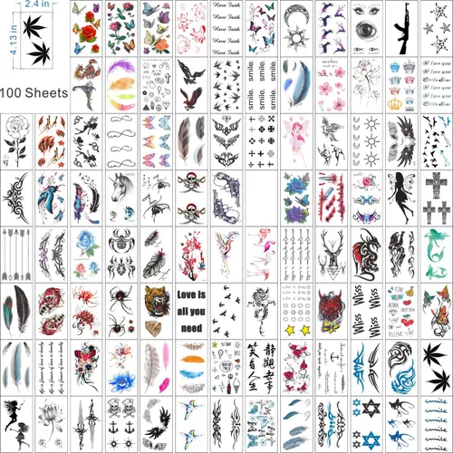 Vista 2 de 100 hojas de tatuajes temporales para mujeres y niños, flores, luna, escorpión, pluma, tigre, cicatriz de tatuajes para adolescentes