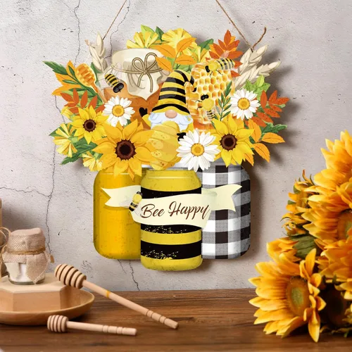 Vista 2 de Señal de bienvenida de abeja en madera, letrero de abeja amarilla, gnomo de flor de abeja, letrero de madera colgante para puerta, decoración