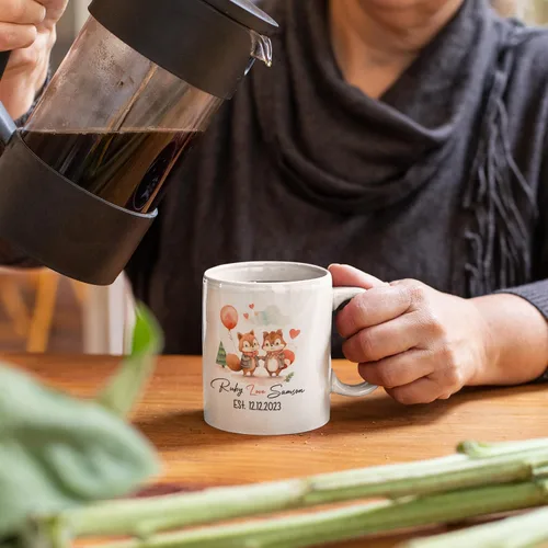 Vista 5 de Taza de café personalizada con diseño de zorro de 11 onzas, 15 onzas, divertida taza de viaje para pareja de zorros, taza de té con nombre y fecha