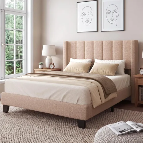 Vista 15 de Base de cama tamaño matrimonial con cabecero, marco de cama plataforma tapizado con cabecero de terciopelo tipo osito de peluche, soporte